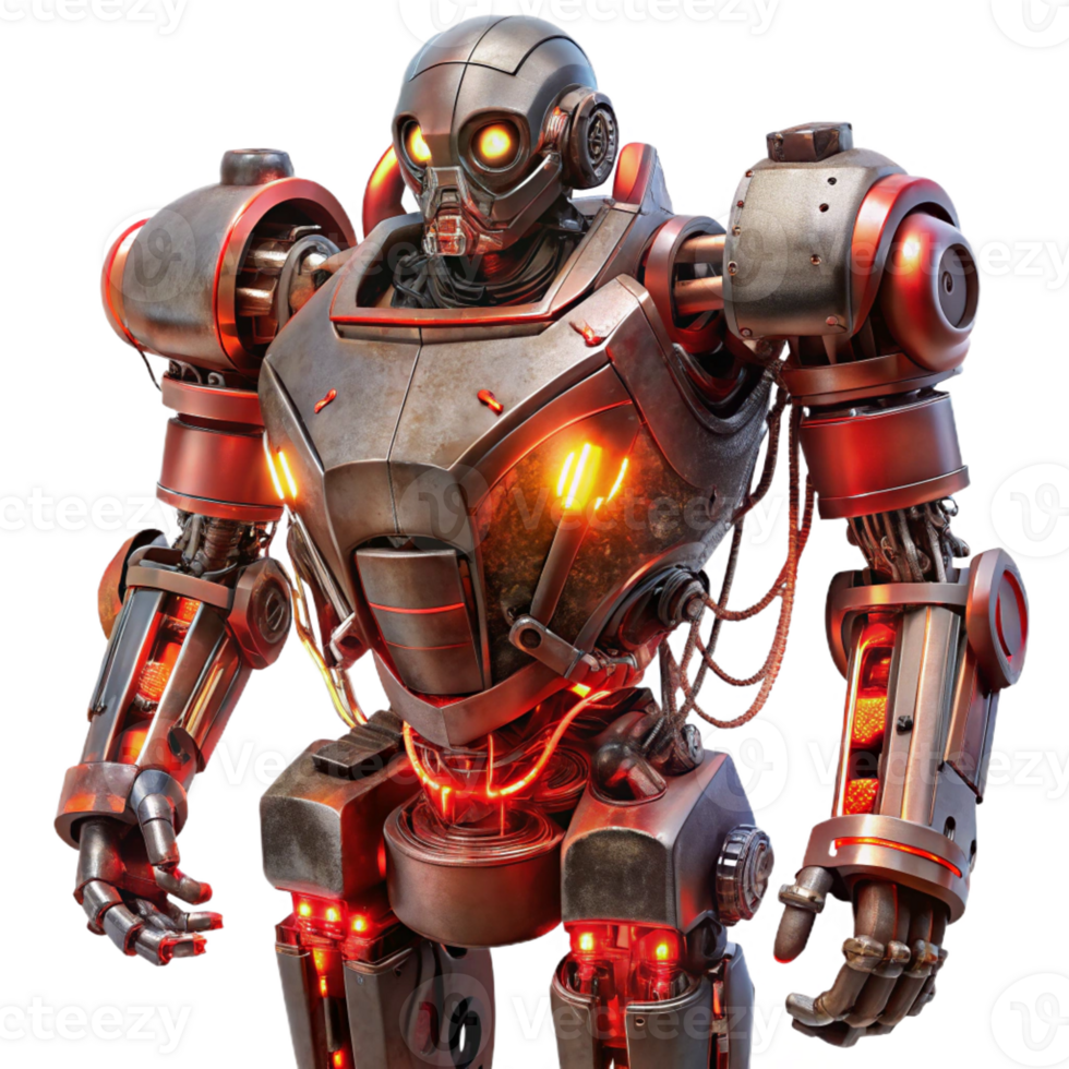 stunning vintage A colossal, war-torn robot with exposed wires and sparking circuits, lit by the red glow of a battlefield in a dystopian art style authentic png