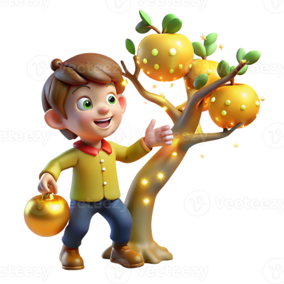 wonderful vintage A mischievous imp stealing a golden apple from a magical tree, lit by shimmering fairy lights, in a vibrant, cartoon style premium png