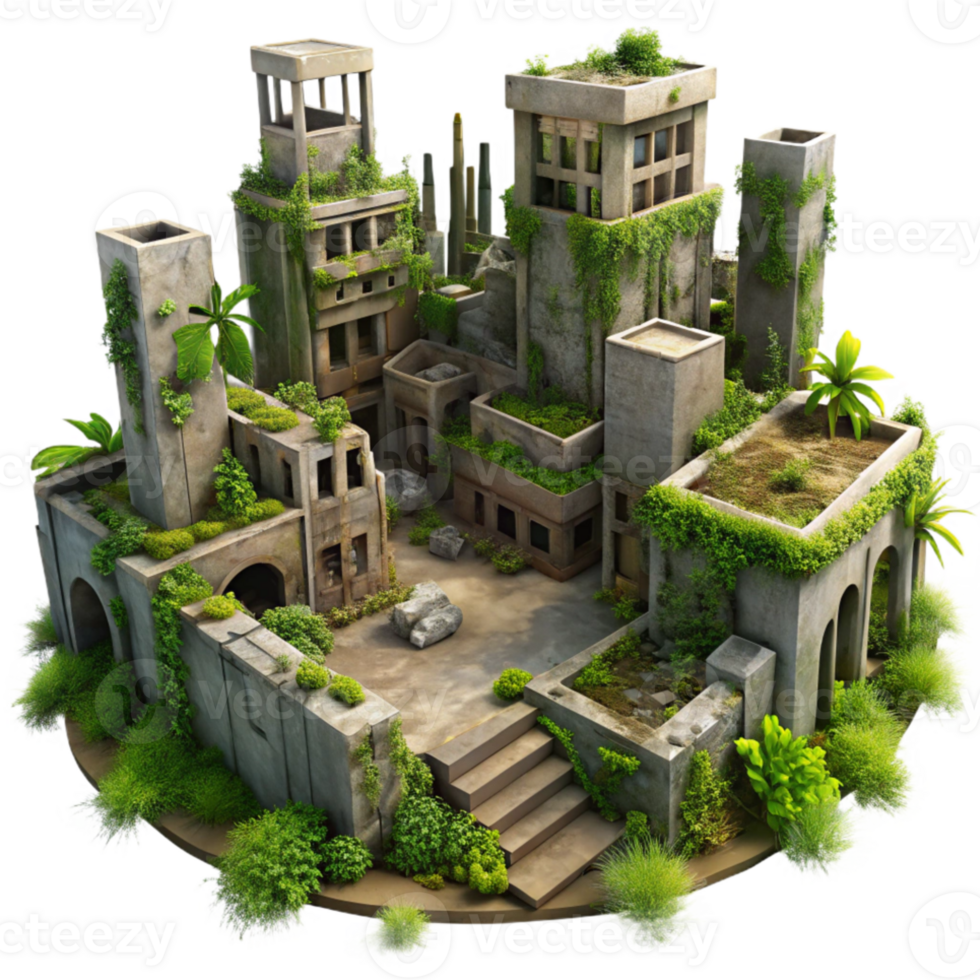 extraordinary vintage Post-apocalyptic ruined city, overgrown with vegetation, muted colors, eerie atmosphere, digital painting, high quality png