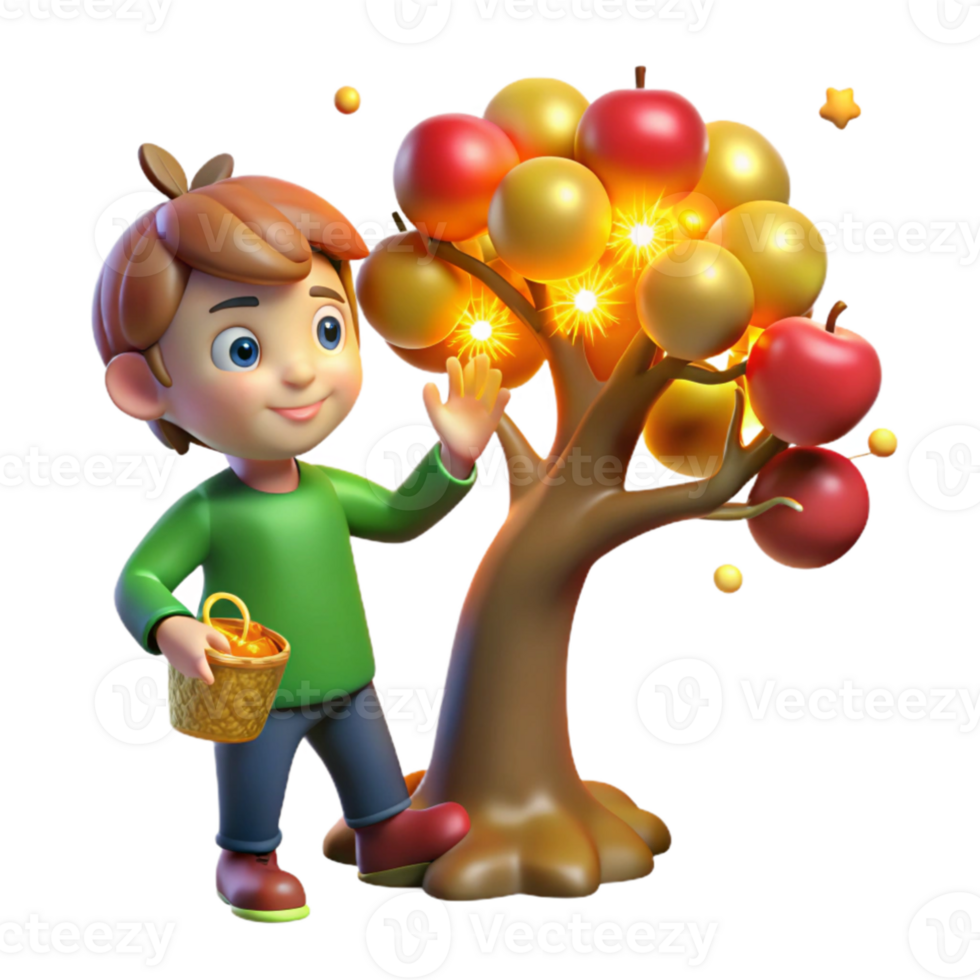elegant minimalist A mischievous imp stealing a golden apple from a magical tree, lit by shimmering fairy lights, in a vibrant, cartoon style premium png