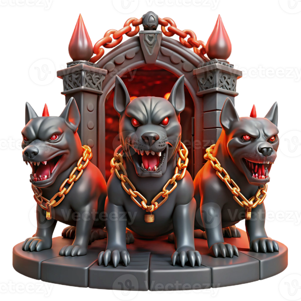 serene abstract A three-headed Cerberus guarding the gates of the underworld, bathed in hellish red light, chains rattling. Dark fantasy style premium png