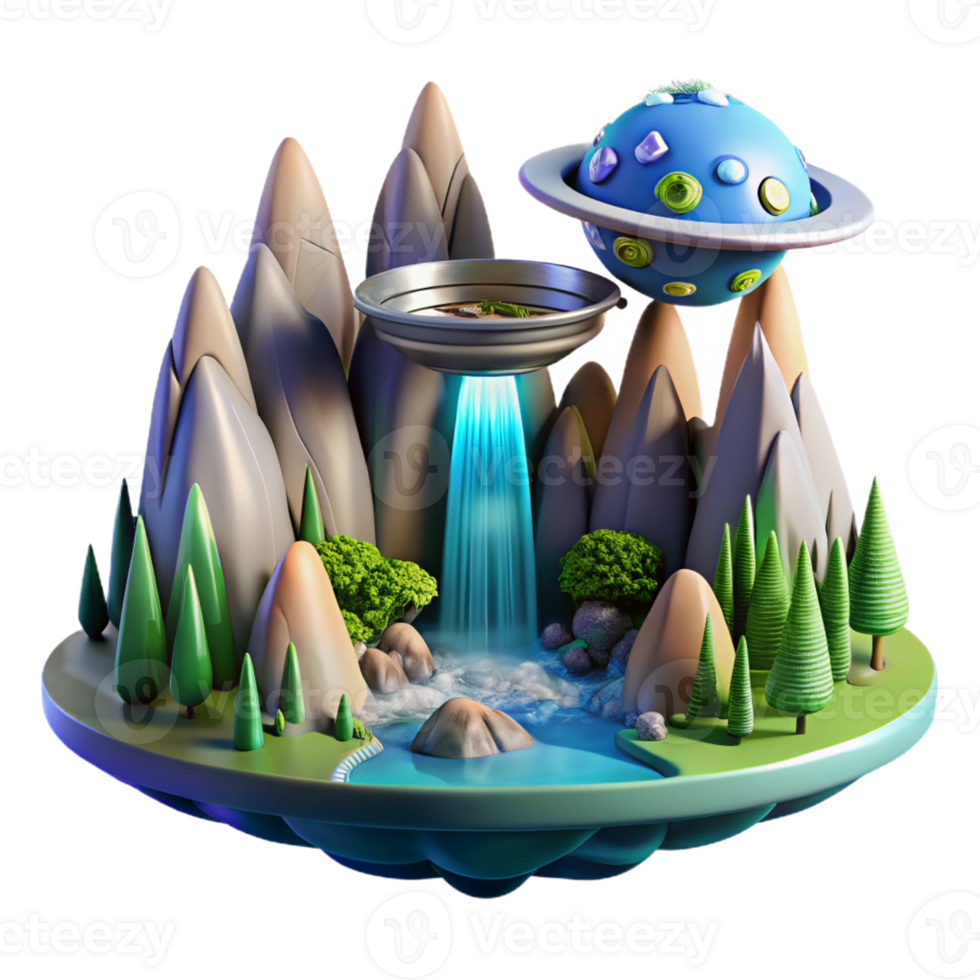 impressive rustic A spaceship landing on a lush alien planet, waterfalls cascading down towering mountains, vibrant flora and fauna surrounding the landing site. Photorealistic style exclusive png