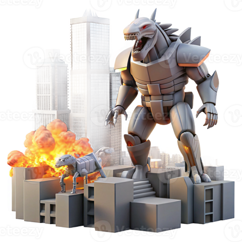 wonderful classic A giant robot battling a giant monster in a futuristic city, buildings crumbling around them, explosions and fire illuminating the scene. Kaiju style professional png