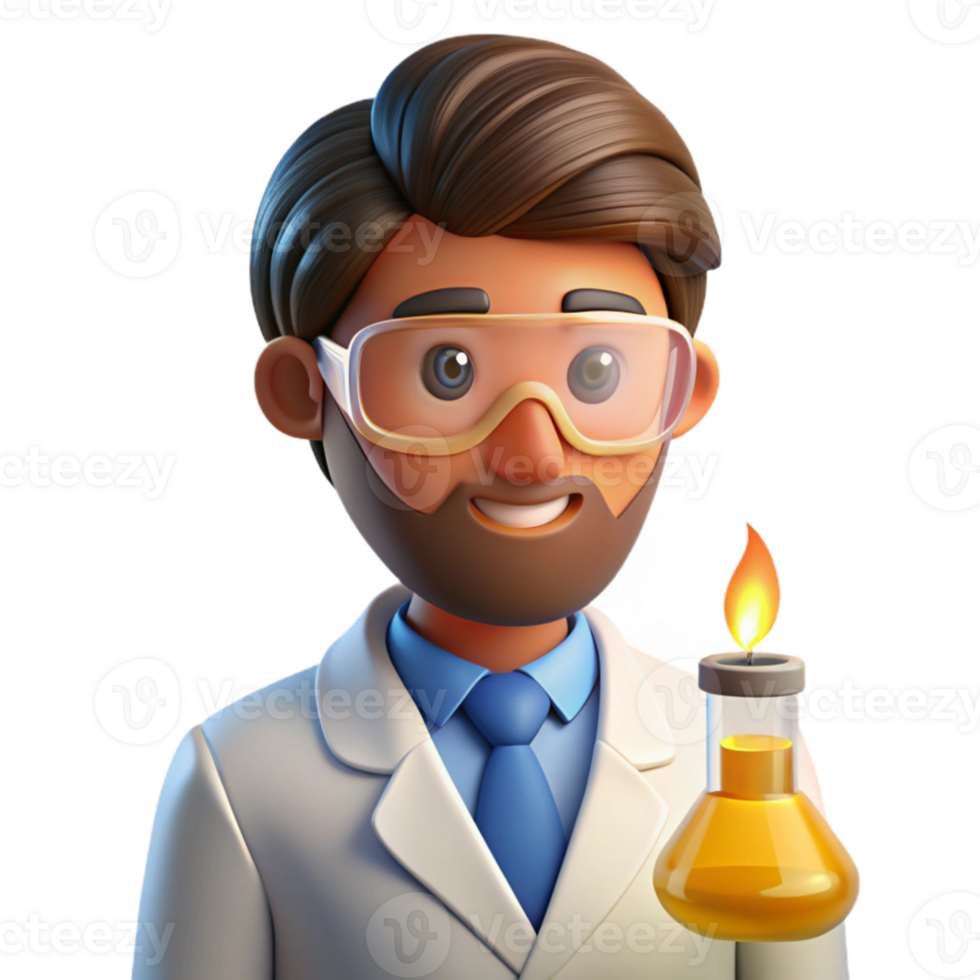 dramatic traditional Portrait of a curious scientist with lab goggles and a beaker, lit by the glow of a Bunsen burner, in a scientific illustration style exclusive png