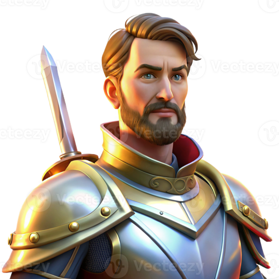 impressive abstract Portrait of a noble knight in shining armor, lit by the sun glinting off their sword, in a medieval painting style exclusive png