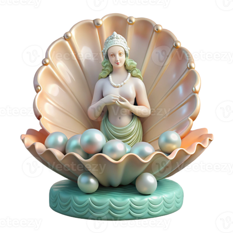 magnificent classic A serene Aphrodite rising from a giant scallop shell, adorned with pearls and coral, surrounded by gentle seafoam, in a classical, Renaissance painting style detailed png