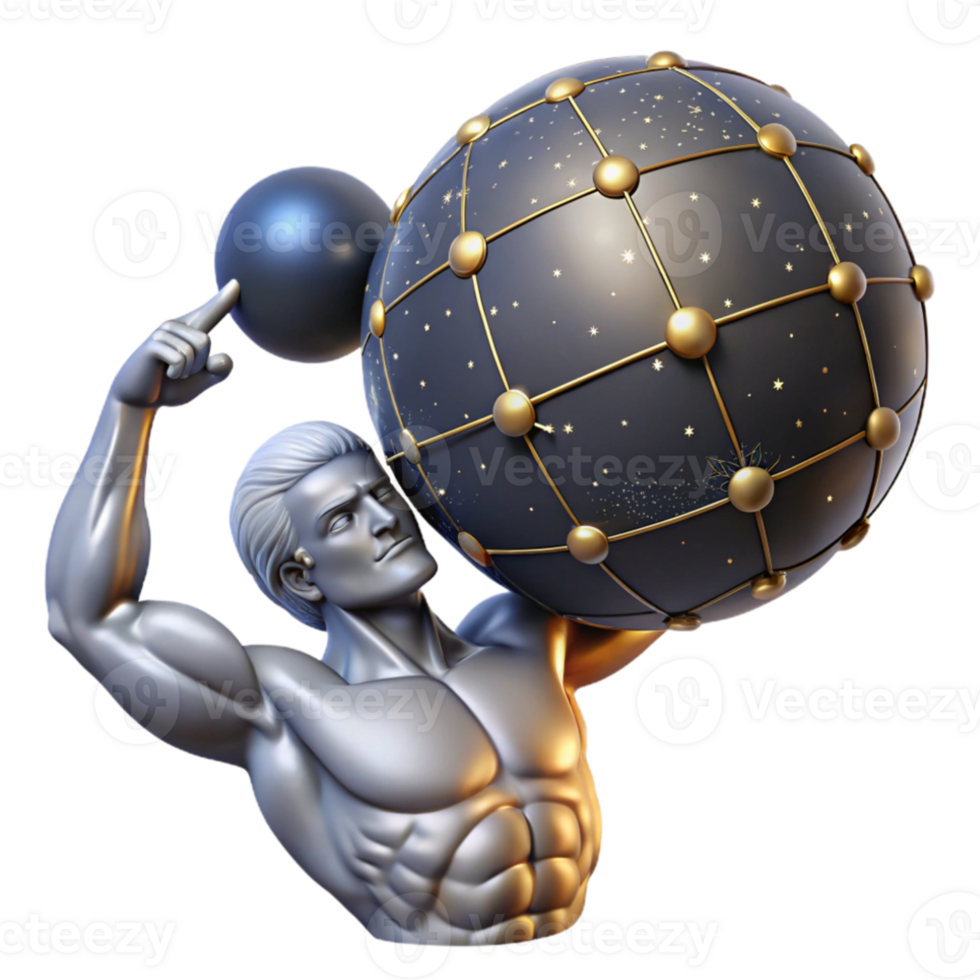 beautiful modern A stoic Atlas bearing the weight of the celestial sphere, muscles straining, lit by the constellations, in a powerful, neoclassical style high resolution png