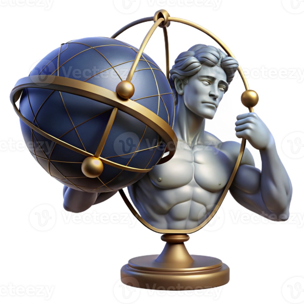dramatic creative A stoic Atlas bearing the weight of the celestial sphere, muscles straining, lit by the constellations, in a powerful, neoclassical style high resolution png