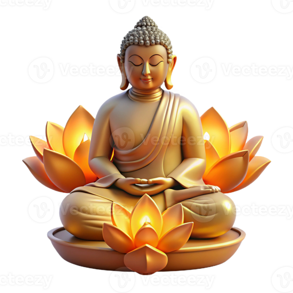 elegant classic A serene, meditating Buddha statue emanating a golden aura, surrounded by floating, glowing lotuses, illuminated by a soft, divine light. Buddhist art style professional png