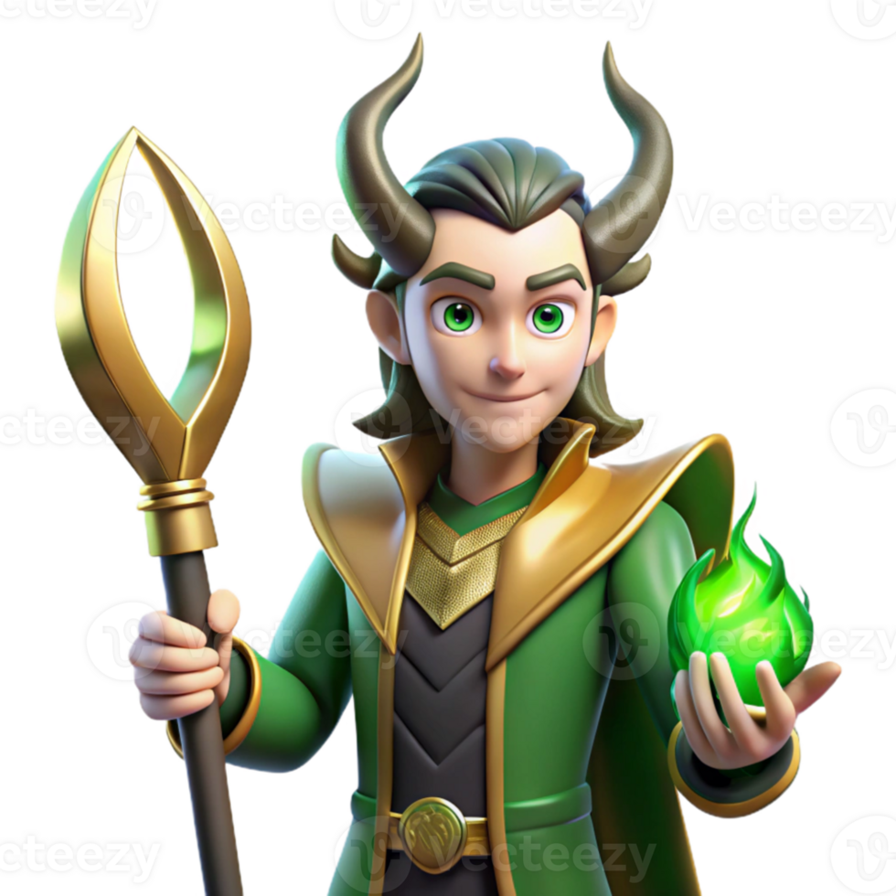 stunning modern A cunning Loki with a mischievous glint in his eyes, holding a magical staff, lit by green fire, in a stylized, comic book style authentic png