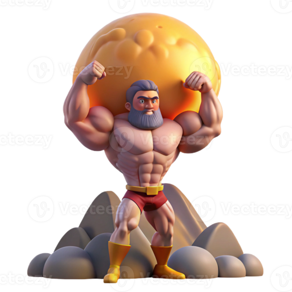 wonderful classic A powerful titan holding a mountain aloft, muscles bulging, lit by the setting sun, in a colossal, Romantic style authentic png