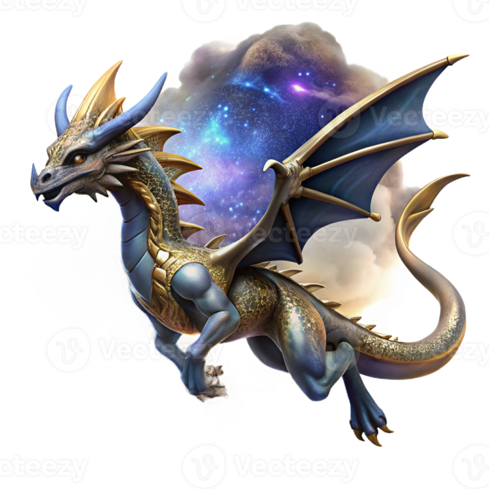impressive artistic A majestic dragon with scales of obsidian and gold, soaring through a swirling nebula of stardust, illuminated by a celestial glow. High fantasy art style high resolution png