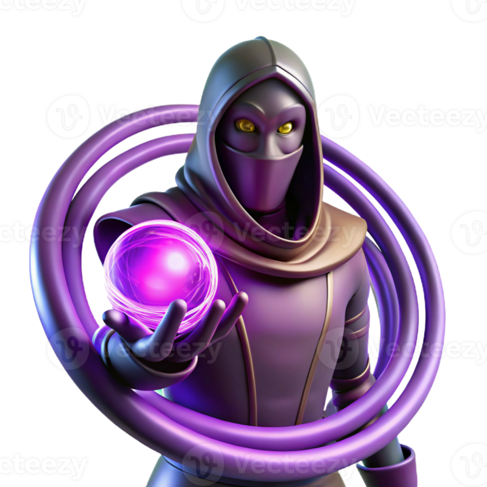 beautiful classic An enigmatic, masked figure holding a glowing orb, standing amidst a swirling vortex of energy, illuminated by a mysterious, purple light. Sci-fi fantasy art style genuine png
