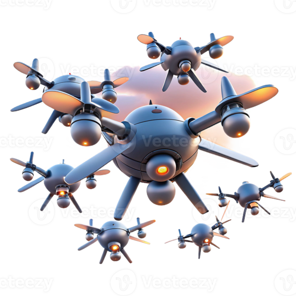 wonderful modern A swarm of drones flying in formation, creating complex patterns in the sky, sunset lighting, futuristic and technological style original png
