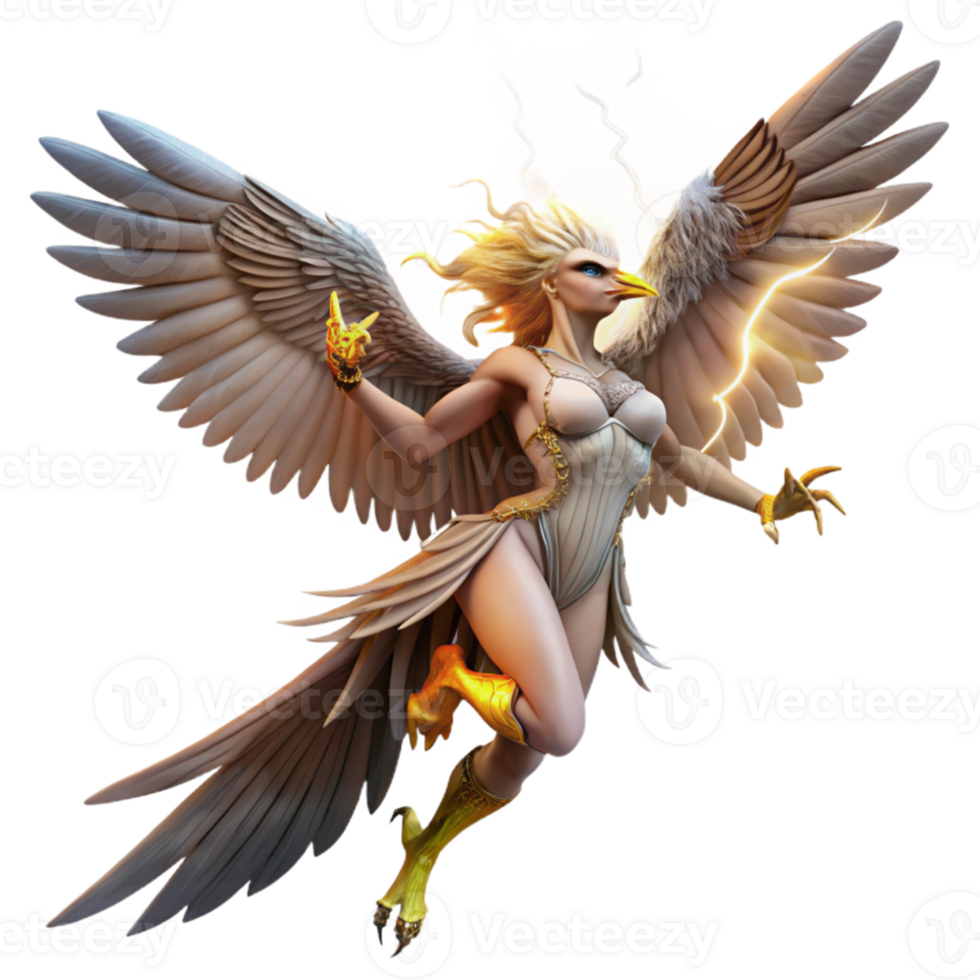 stunning traditional A fierce harpy with the body of a bird and the head of a woman, swooping down from the sky, lit by lightning, in a dynamic, Baroque style genuine png
