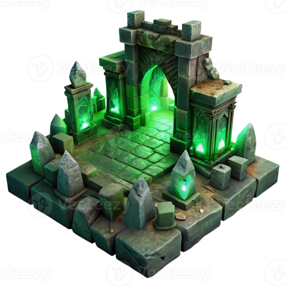 serene creative An ancient, crumbling ruin with glowing, mystical runes carved into its walls, illuminated by an eerie, green light. Dark fantasy landscape art style authentic png