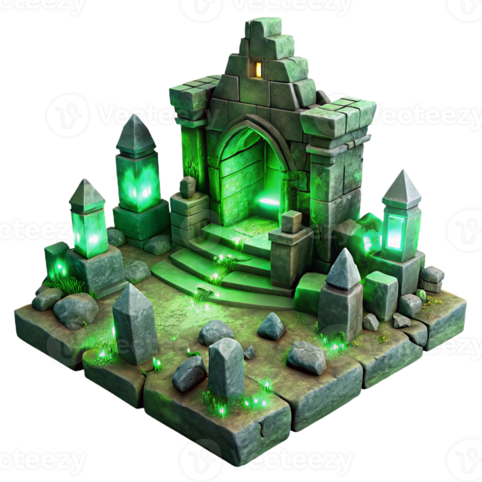 extraordinary vintage An ancient, crumbling ruin with glowing, mystical runes carved into its walls, illuminated by an eerie, green light. Dark fantasy landscape art style 4K png