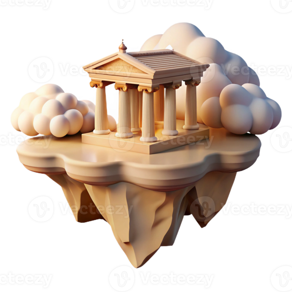 elegant minimalist extraordinary artistic A floating island with a Greek temple, golden sunlight, hyperrealistic, clouds swirling below genuine original png