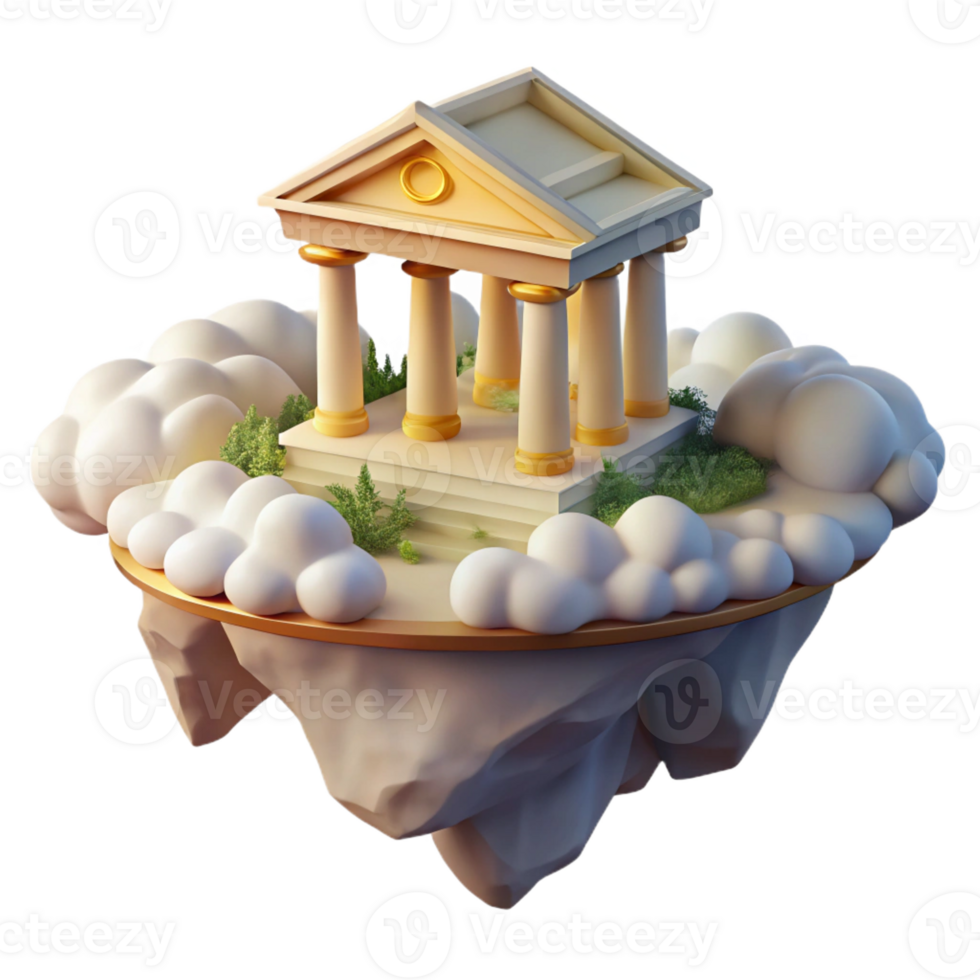 dramatic traditional vibrant vintage A floating island with a Greek temple, golden sunlight, hyperrealistic, clouds swirling below genuine detailed png