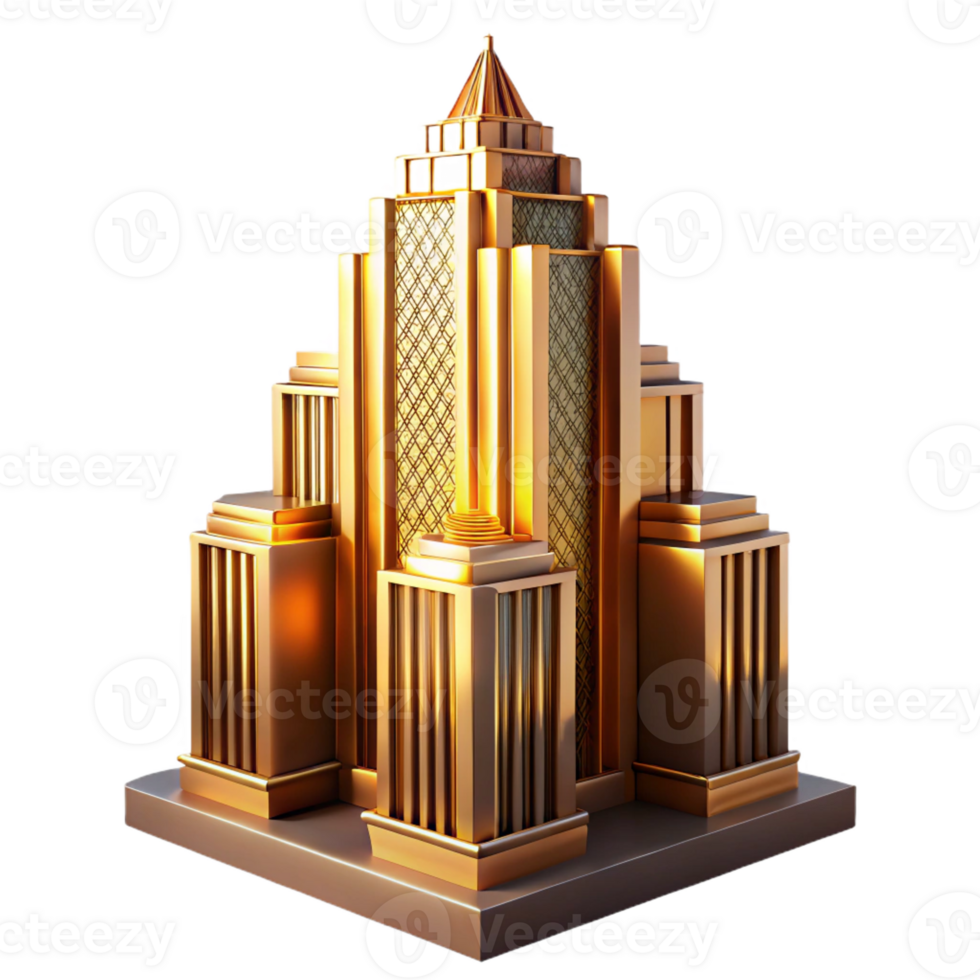 beautiful creative beautiful classic Art Deco skyscraper, intricate geometric facade, golden hour sunlight, highly polished chrome accents, isometric view premium original png