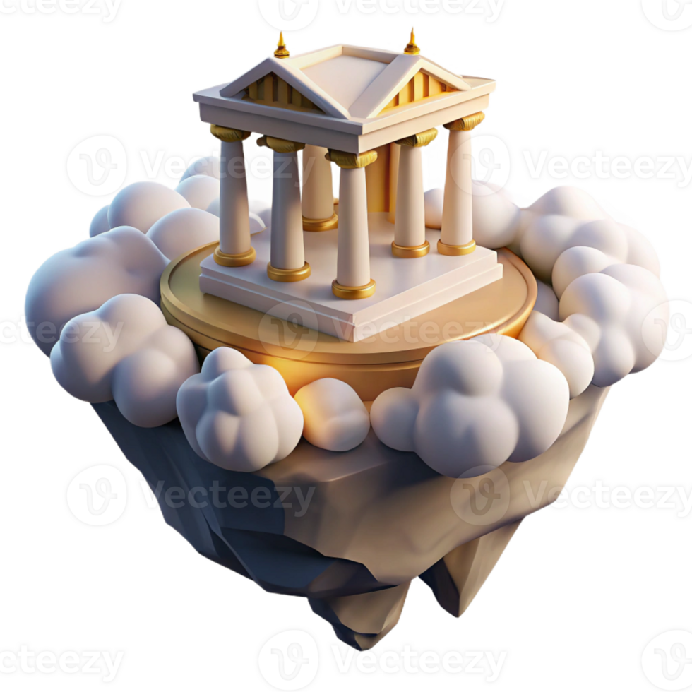 impressive contemporary stunning traditional A floating island with a Greek temple, golden sunlight, hyperrealistic, clouds swirling below professional high quality png