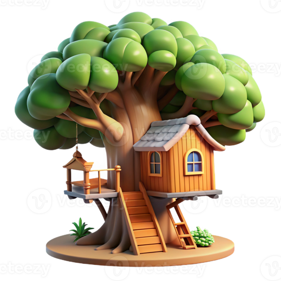 vibrant minimalist vibrant rustic A treehouse built into a giant sequoia, dappled sunlight, whimsical and fantastical, illustrated style original 4K png