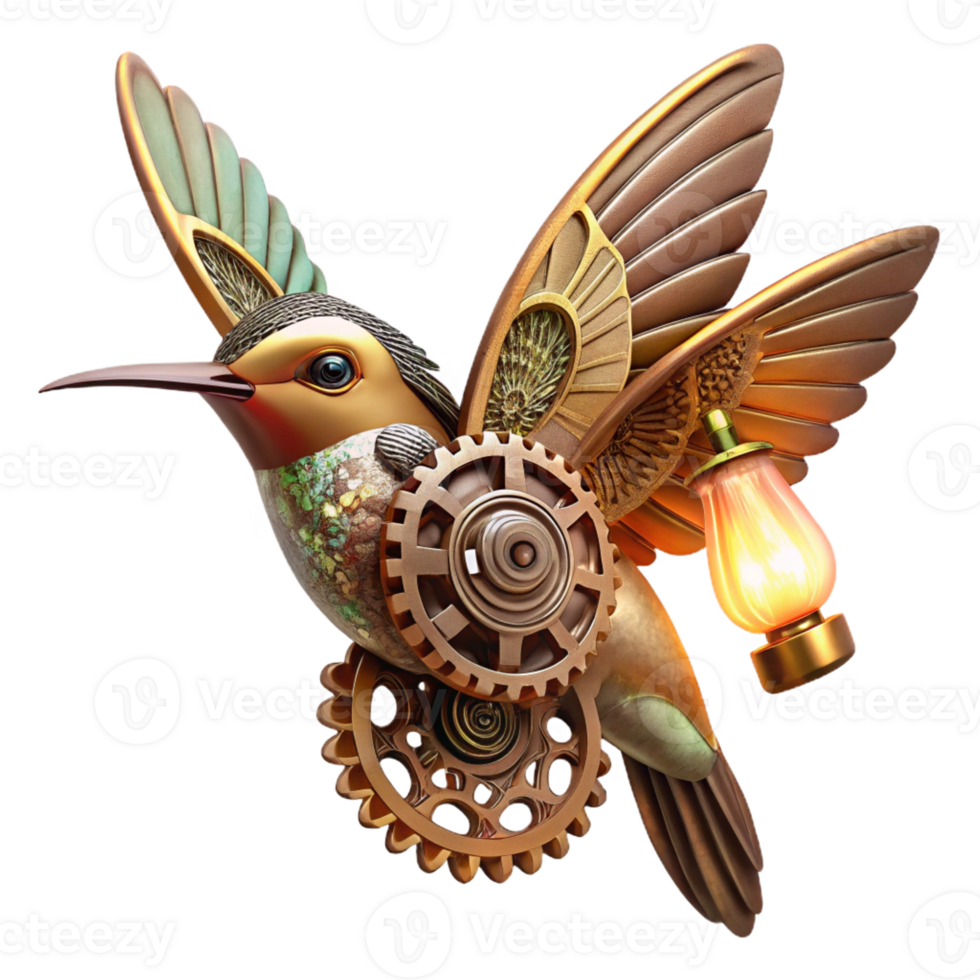 beautiful rustic serene classic A steampunk hummingbird with delicate, filigree wings made of gears and cogs, hovering near a clockwork flower, illuminated by a single spotlight detailed authentic png