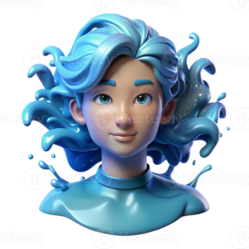 vibrant traditional Portrait of a person with hair made of flowing water, cascading down their shoulders, lit by a cool, blue light, in a surreal, water-themed style 4K png