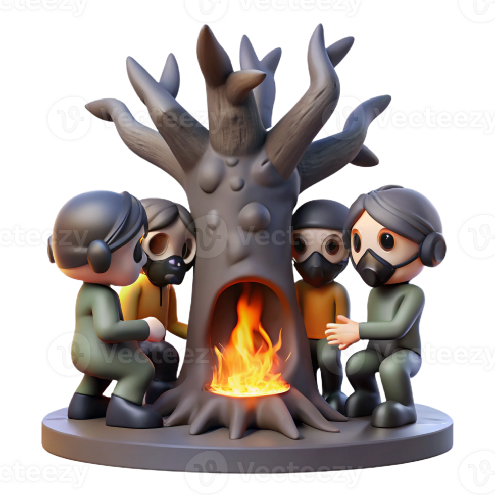 stunning creative A group of children, wearing gas masks, huddled around a flickering fire within the hollowed-out trunk of a giant, dead tree. Dark, low-key lighting, dystopian, concept art exclusive png