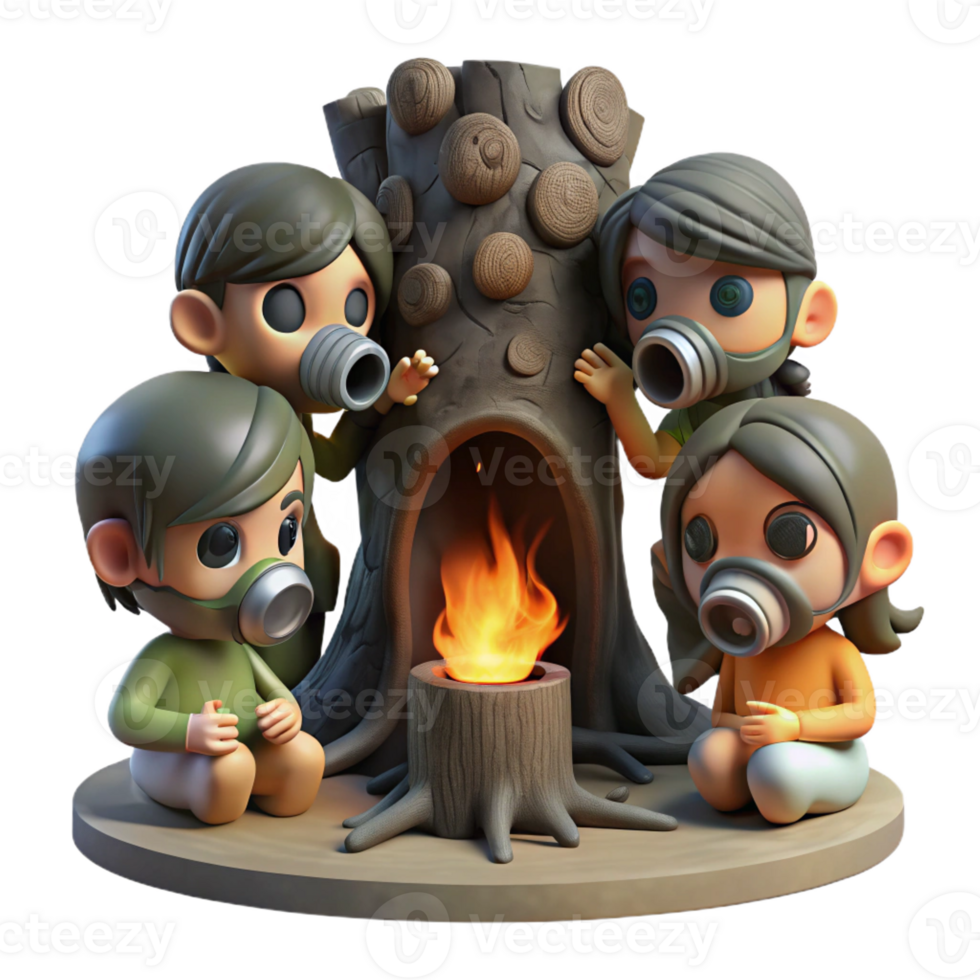 serene abstract A group of children, wearing gas masks, huddled around a flickering fire within the hollowed-out trunk of a giant, dead tree. Dark, low-key lighting, dystopian, concept art 4K png