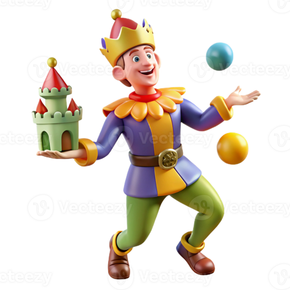impressive contemporary A medieval jester juggling in a castle courtyard, lit by the bright sunlight. Colorful, whimsical style high quality png