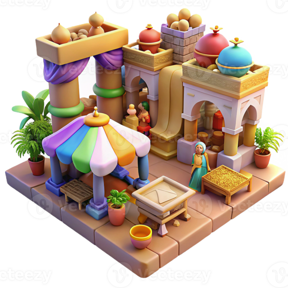 extraordinary creative A bustling marketplace in ancient Babylon, filled with merchants and exotic goods, vibrant colors, midday sun, impressionistic style, high quality png