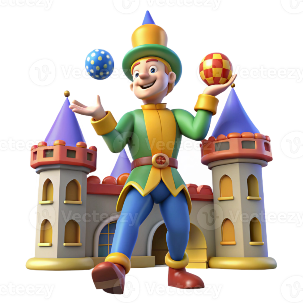 magnificent rustic A medieval jester juggling in a castle courtyard, lit by the bright sunlight. Colorful, whimsical style premium png