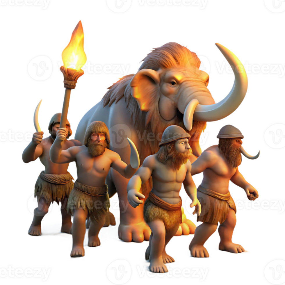 serene artistic A group of cavemen hunting a mammoth, illuminated by flickering torchlight. Prehistoric, realistic style high resolution png