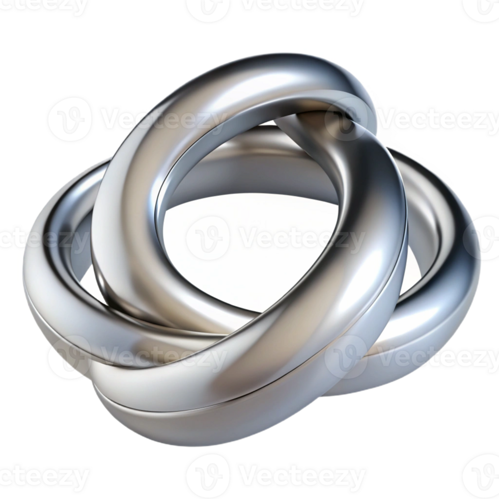 serene abstract Two intertwined silver rings, highly polished, reflecting a single point light source, sharp focus, minimalist composition 4K png