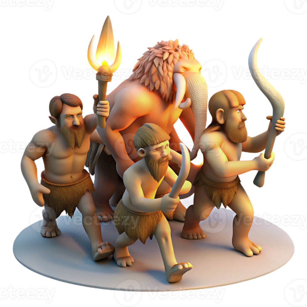 extraordinary rustic A group of cavemen hunting a mammoth, illuminated by flickering torchlight. Prehistoric, realistic style premium png
