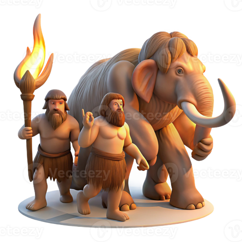 wonderful classic A group of cavemen hunting a mammoth, illuminated by flickering torchlight. Prehistoric, realistic style genuine png