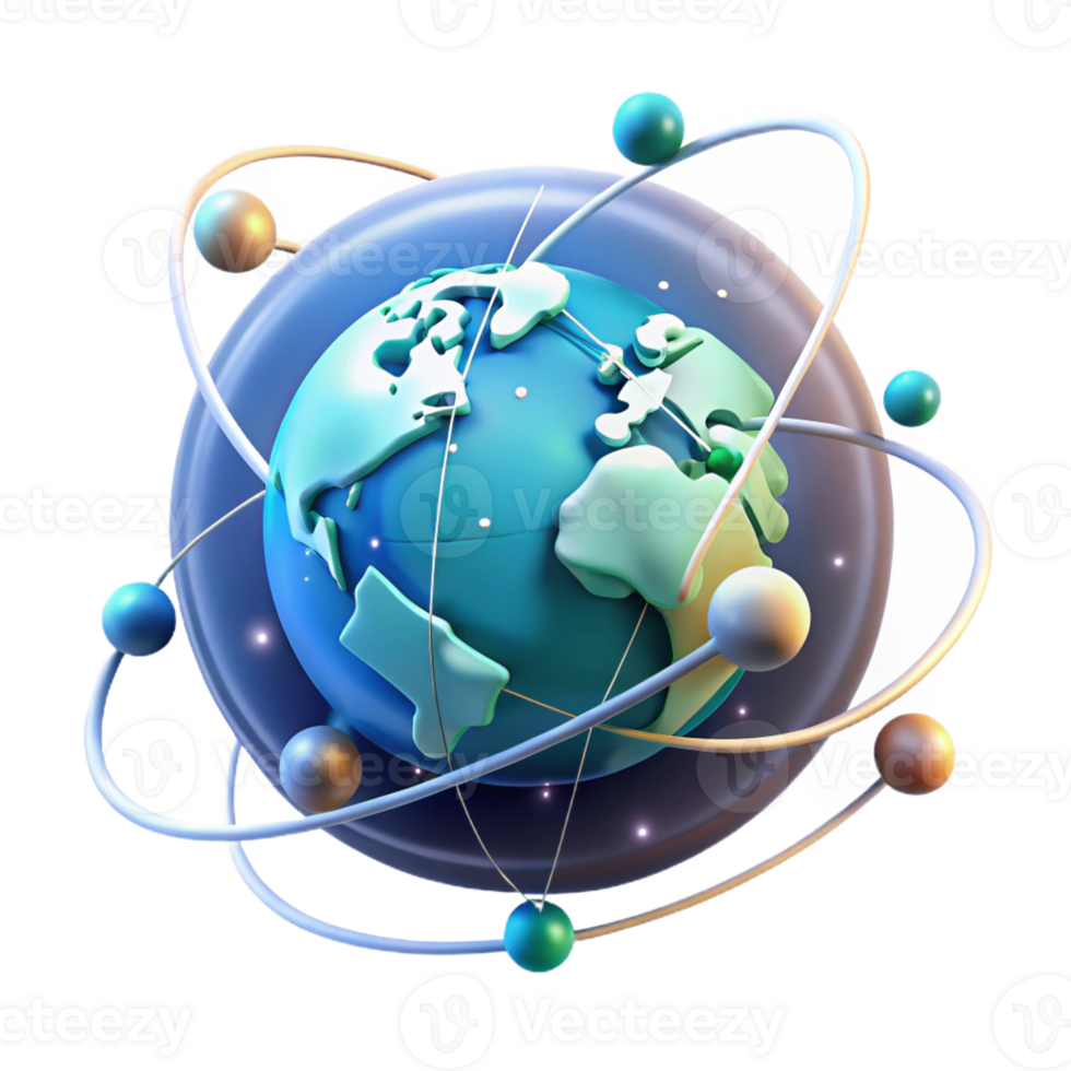 serene contemporary A holographic projection of the Earth rotating in space, surrounded by a network of satellites and data streams. Futuristic style, cool colors, data visualization high quality png