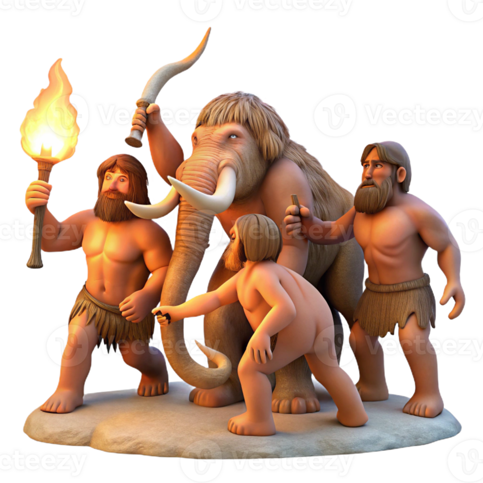 dramatic traditional A group of cavemen hunting a mammoth, illuminated by flickering torchlight. Prehistoric, realistic style detailed png