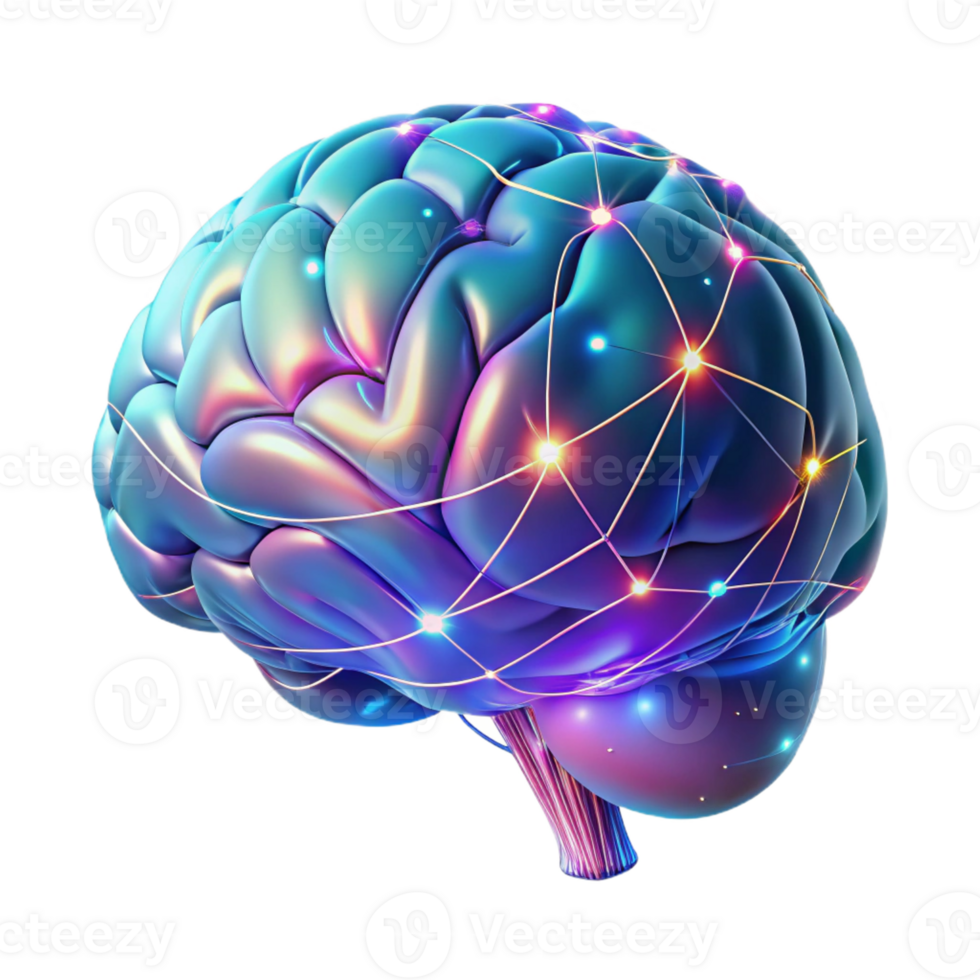 beautiful rustic A holographic projection of a human brain, intricate neural pathways illuminated. Medical illustration style, cool colors, sense of complexity and understanding high quality png