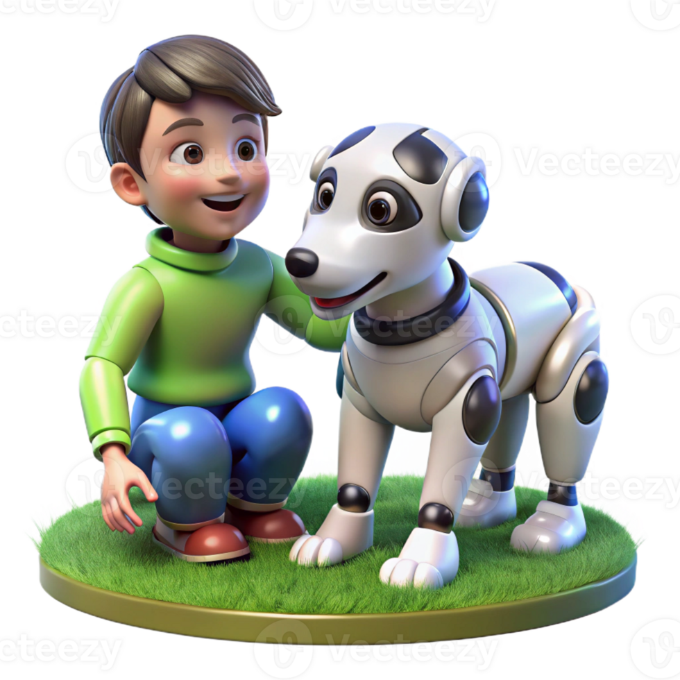 wonderful artistic A futuristic robot dog playing with a child in a park, showcasing the potential of companion robots. Photorealistic style, warm lighting, sense of joy and connection high quality png