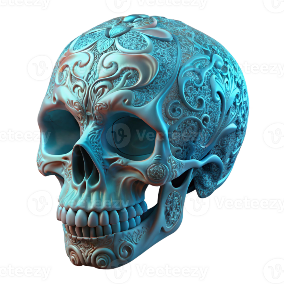 wonderful modern A human skull with intricate, floral filigree patterns etched into the bone and glowing with bioluminescent energy, lit by a mysterious, internal light, in an art nouveau style 4K png