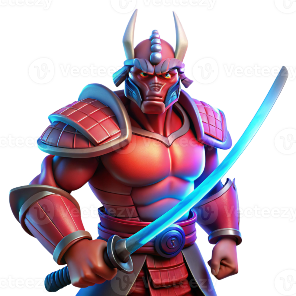 vibrant classic A muscular, battle-worn samurai with glowing crimson armor, wielding a katana that emits a faint blue aura, under dramatic, chiaroscuro lighting. Style Attack on Titan genuine png