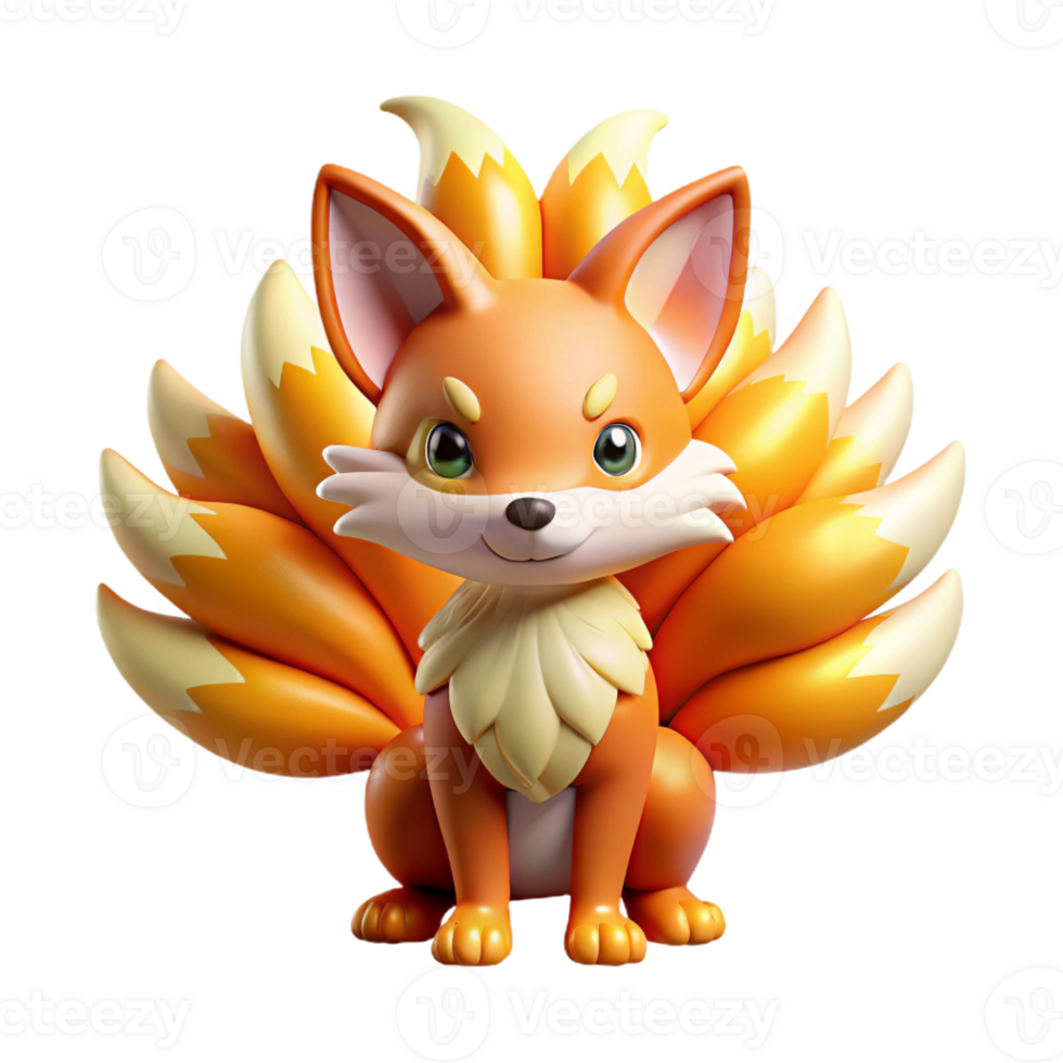 stunning creative A mischievous kitsune with nine fluffy tails, each tipped with a different vibrant color, playful expression, lit by warm, golden sunlight. Style Kemono Friends genuine png