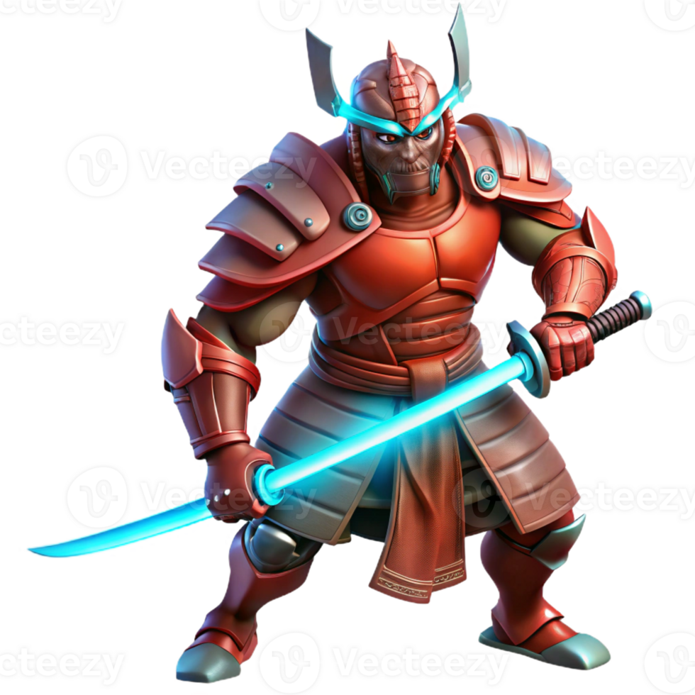 beautiful abstract A muscular, battle-worn samurai with glowing crimson armor, wielding a katana that emits a faint blue aura, under dramatic, chiaroscuro lighting. Style Attack on Titan premium png