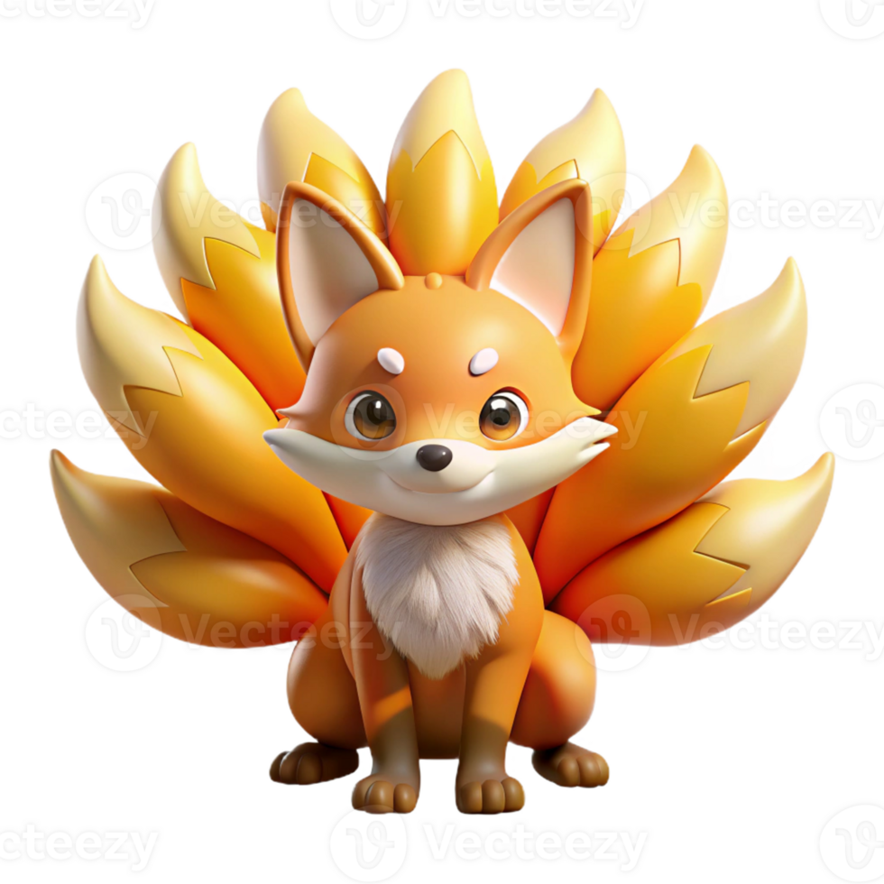 dramatic modern A mischievous kitsune with nine fluffy tails, each tipped with a different vibrant color, playful expression, lit by warm, golden sunlight. Style Kemono Friends authentic png