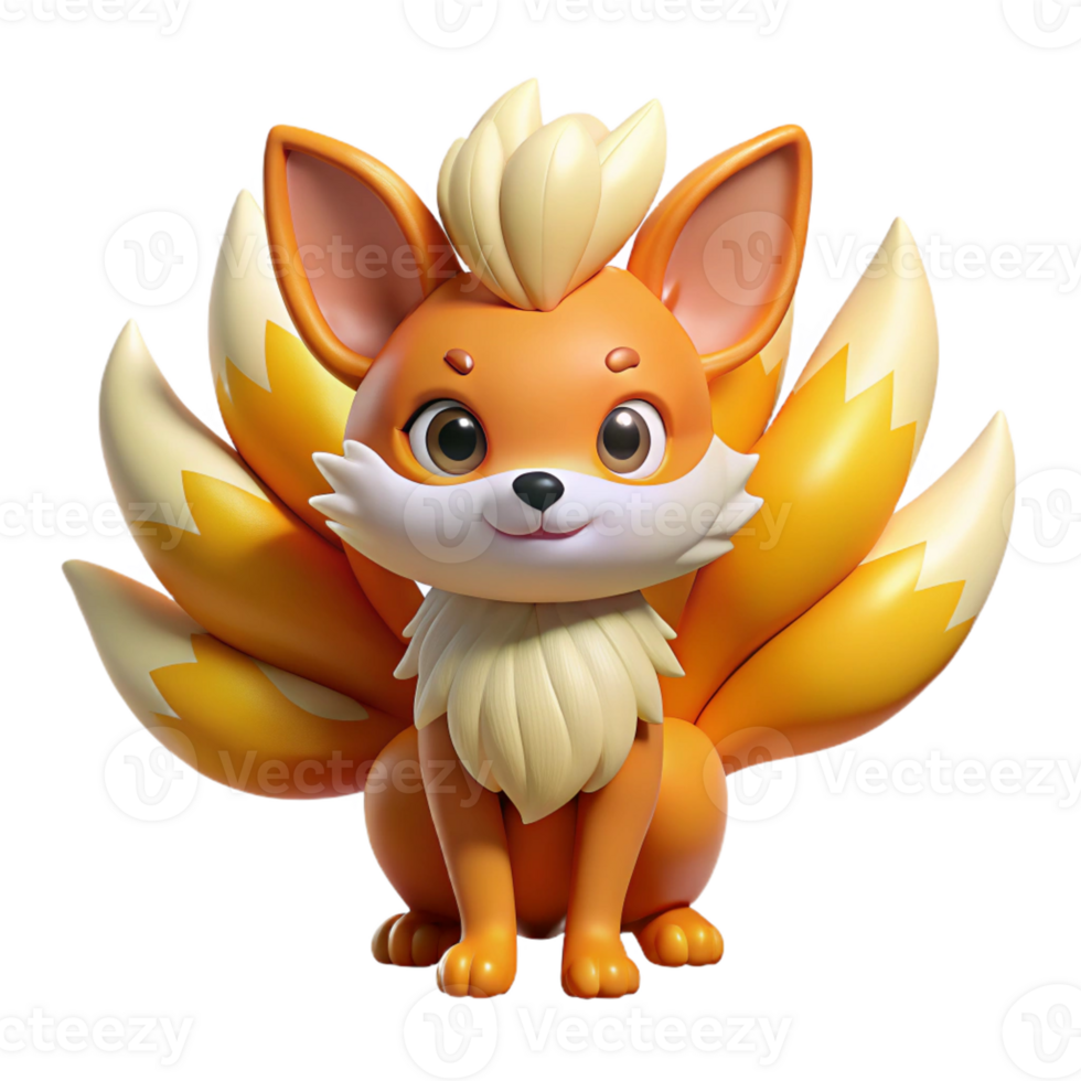 vibrant modern A mischievous kitsune with nine fluffy tails, each tipped with a different vibrant color, playful expression, lit by warm, golden sunlight. Style Kemono Friends original png