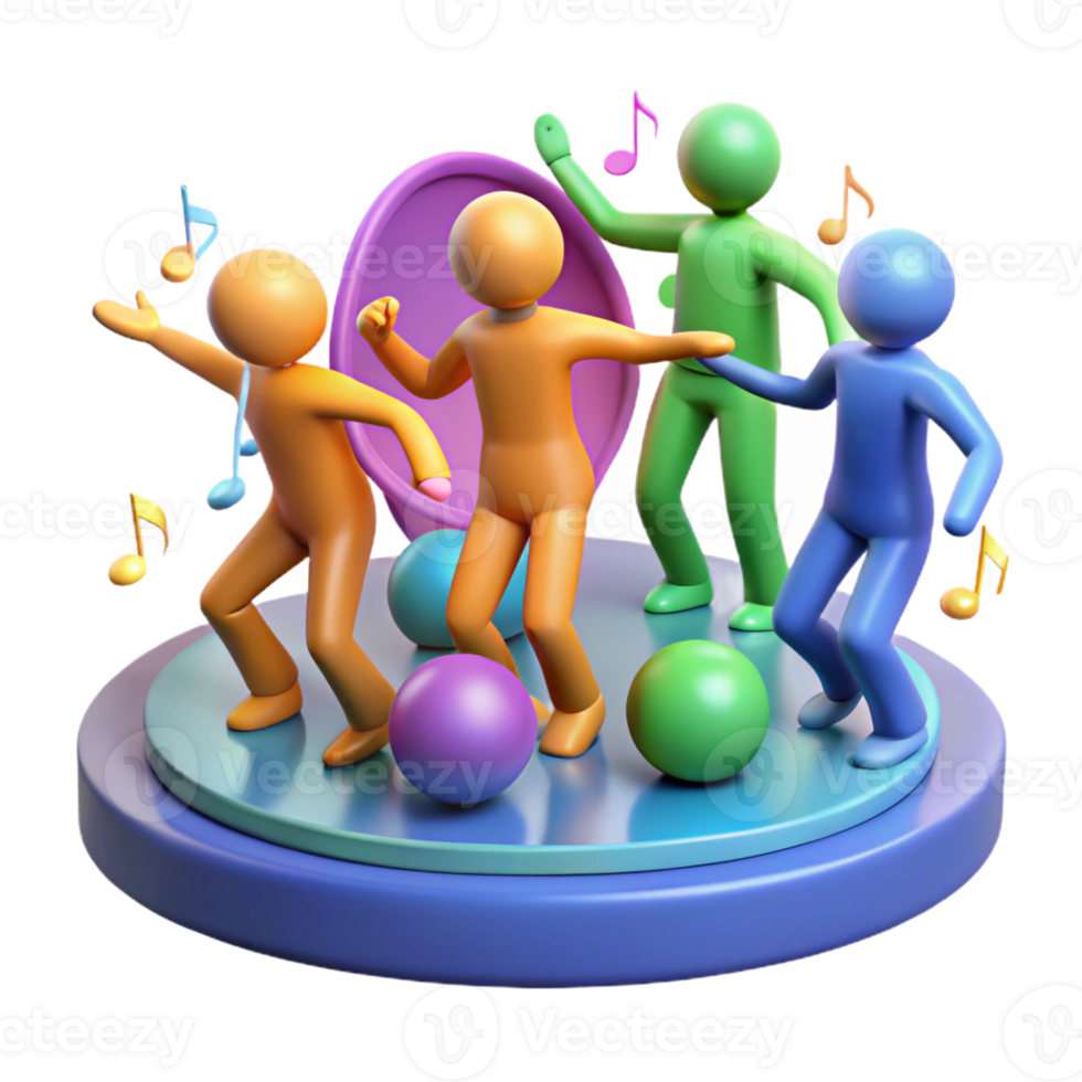 stunning abstract A group of human figures with elongated limbs dancing in a zero-gravity environment filled with floating musical notes, lit by multicolored stage lights, Abstract style detailed png
