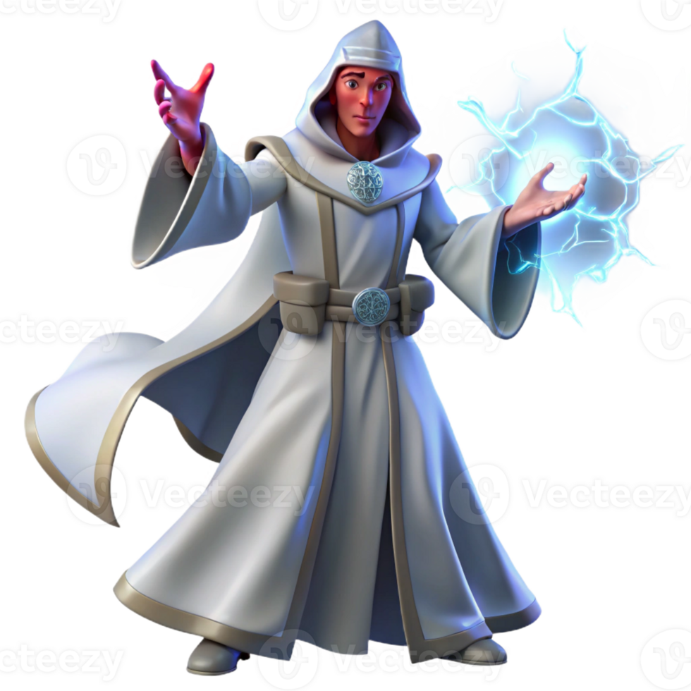 stunning classic A powerful sorcerer with flowing white robes and glowing hands, casting a spell of swirling arcane energy, under dramatic, stormy lighting. Style Slayers exclusive png