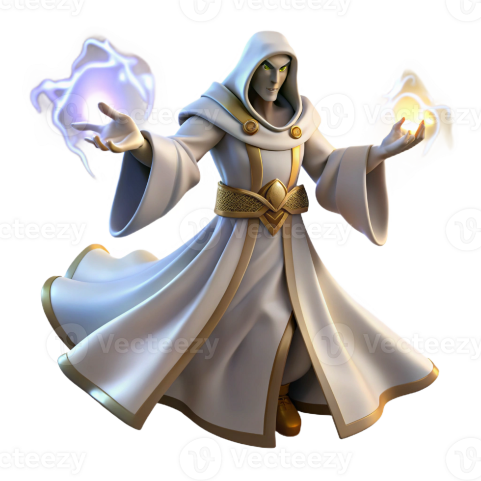 dramatic abstract A powerful sorcerer with flowing white robes and glowing hands, casting a spell of swirling arcane energy, under dramatic, stormy lighting. Style Slayers authentic png
